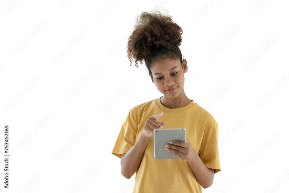 Image of young African woman, company worker in casual wear, smiling and holding digital tablet, standing over white background Image of young African woman, company worker in casual wear, smiling and holding digital tablet, standing over white background