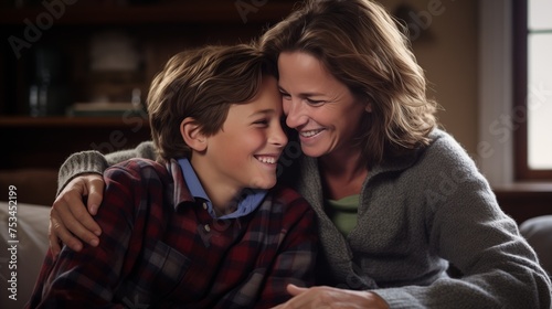 Craft a heartwarming portrait of a middle-aged mother spending quality time with her teenage son. 