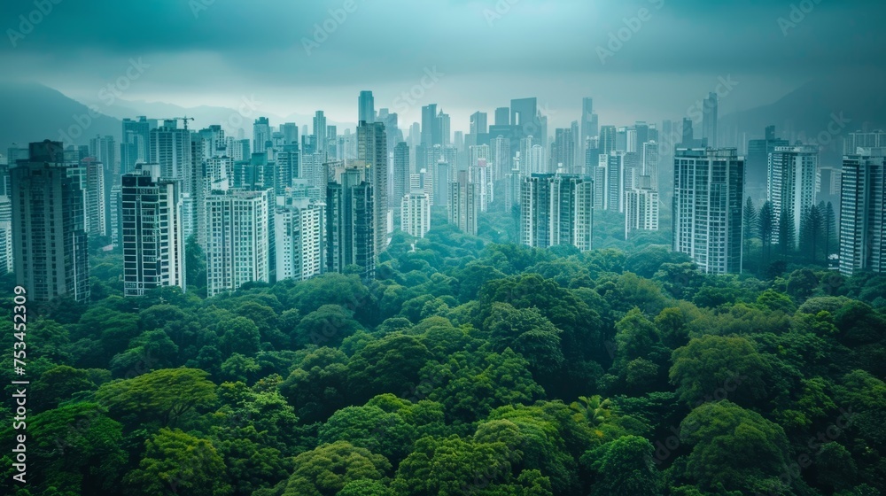 Obraz premium protect the forests, breathe cleaner air,A bustling cityscape stands in stark contrast to a lush green forest on the horizon