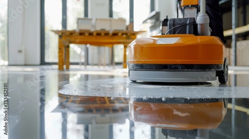 
robot polishing hard floor with high speed polishing machine while other cleaner cleans rhe table in the background photo
