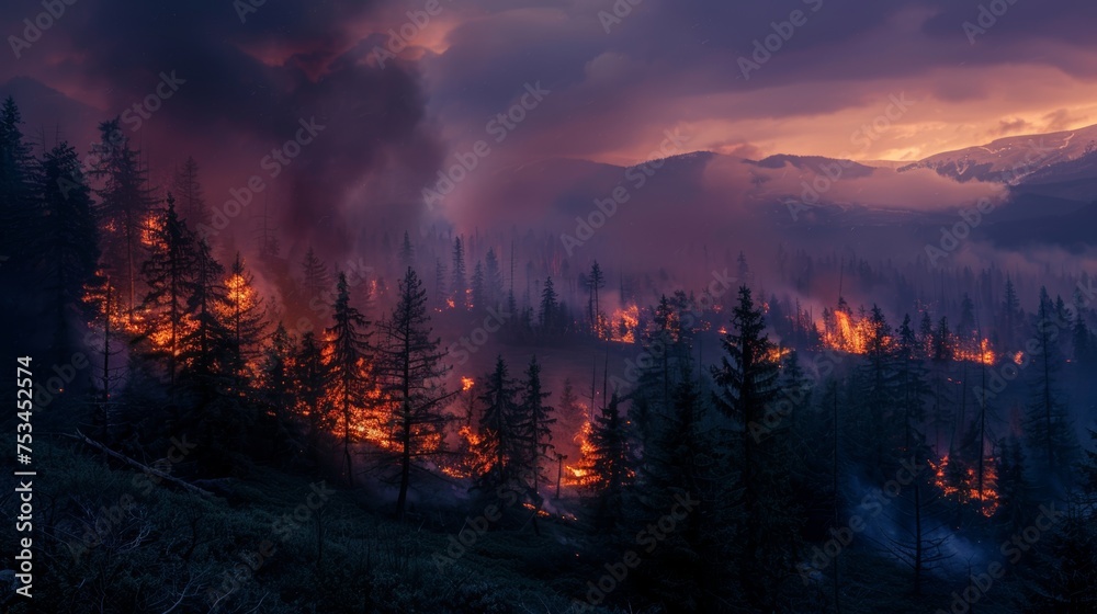Forest fire in mountainous area at dusk ,It is another reason that causes global warming problems. - obrazy, fototapety, plakaty 
