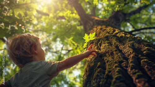 A child points to a towering oak tree,Trees with CO₂ all over them, environmental responsibility.