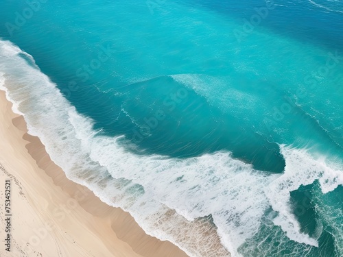 Take a picture of the beach and waves from above using the drone s top-down  blue ocean view.