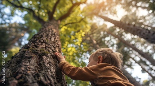 A child points to a towering oak tree,Trees with CO₂ all over them, environmental responsibility. photo