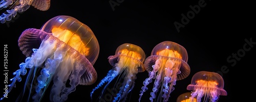 Beautiful glowing jellyfish on dark background sea © Hanasta