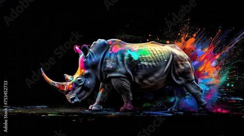 Terrestrial prey, rhino herbivorous animals. They are very cute and lovable. Painted with paint splash technique. Isolated black background. Also for T-shirt printing pattern. Generative AI © Dvid
