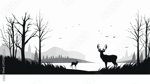 black and white vector deer landscape drawing suitabl