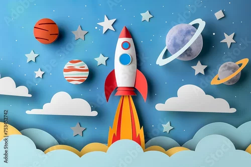 Obraz A paper cut out of rocket ship flying through a celestial sky with planets, stars, and the moon