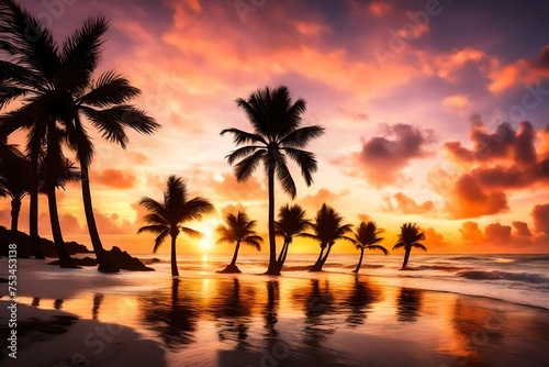 Silhouette of palm trees at tropical sunrise or sunset