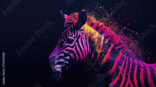 Terrestrial prey, zebr herbivorous animals. They are very cute and lovable. Painted with paint splash technique. Isolated black background. Also for T-shirt printing pattern. Generative AI
