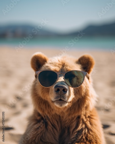 Portrait of stylish bear wearing sunglasses at beach © Hanasta