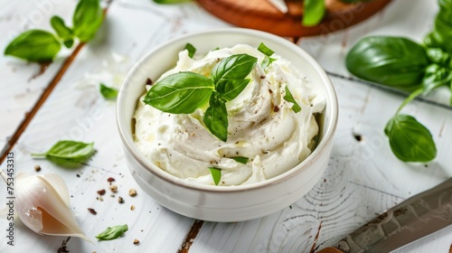 Tasty cream cheese with basil and knife on white wooden table