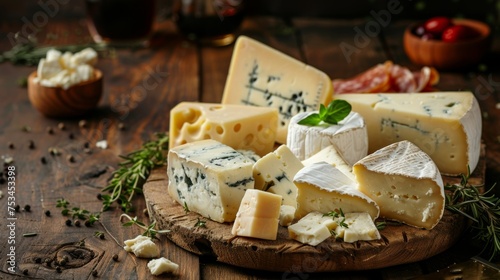  various types of cheese on rustic wooden table