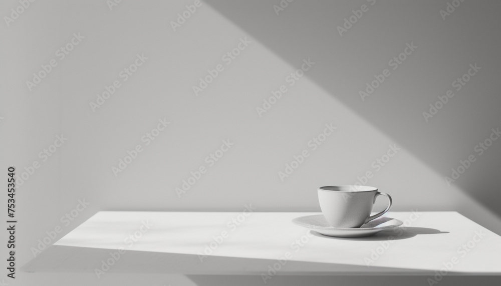 Une tasse de café sur une table blanche dans une environnement minimaliste - obrazy, fototapety, plakaty 