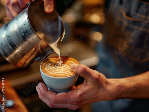 Close-up of a skilled barista pouring steamed milk to create latte art, with a focus on the delicate heart-shaped pattern being formed.