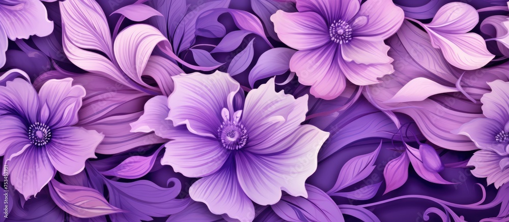 Floral themed seamless raster pattern in purple gradient for interior decor wallpaper and fashion design