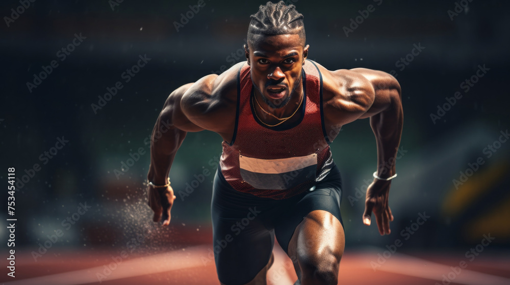 A black runner, a sprinter, a man running on a treadmill on a sports track. Competitions, Sports, Energy, Running, Training, Healthy lifestyle concepts. A black runner, a sprinter, a man running on a treadmill on a sports track. Competitions, Sports, Energy, Running, Training, Healthy lifestyle concepts.
