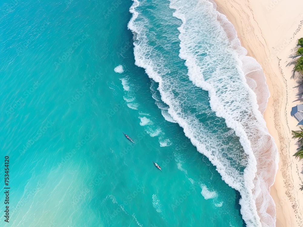 Take a picture of the beach and waves from above using the drone's top-down, blue ocean view. Take a picture of the beach and waves from above using the drone's top-down, blue ocean view.
