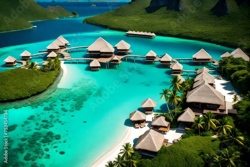 Luxury overwater villas on blue lagoon, white sandy beach and Otemanu mountain at Bora Bora island, Tahiti, French Polynesia. photo