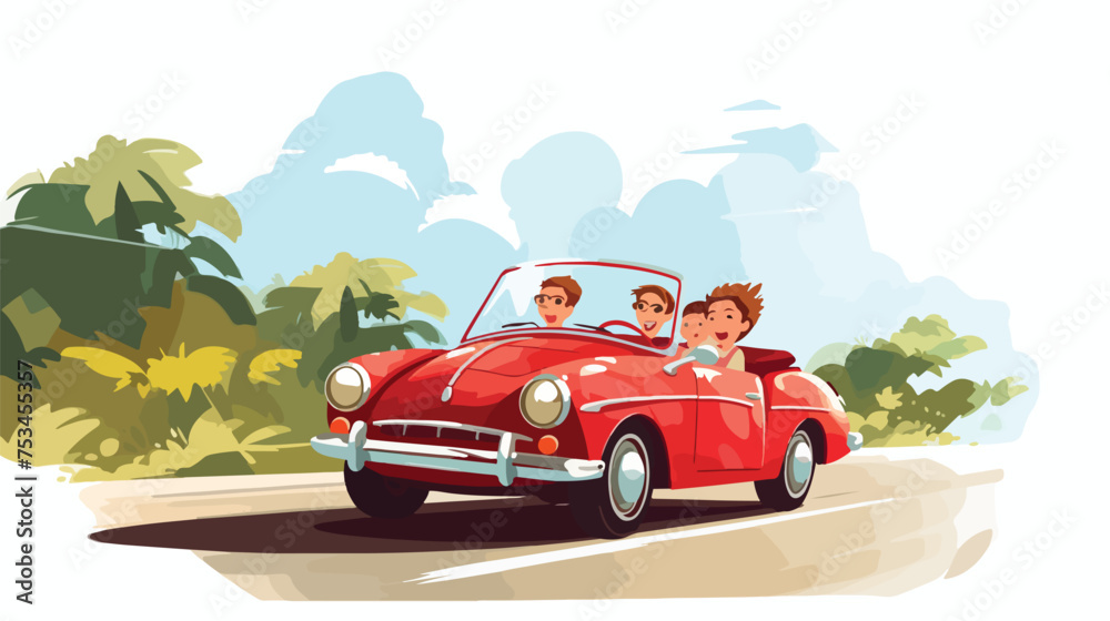 family driving in red car on weekend holiday. Vector