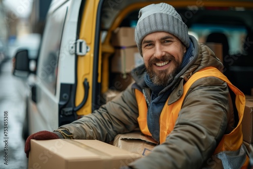 Smiling delivery man in winter gear handling packages near van