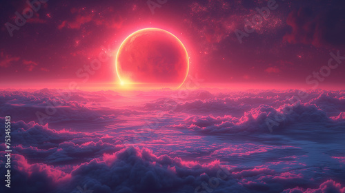 不思議な惑星から眺めるピンク色の月