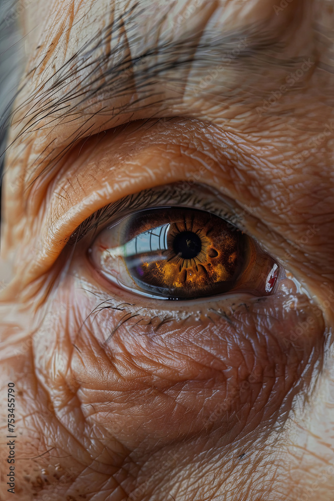 Fototapeta premium a close up photo of an elderly Asian woman eye looking at the camera, super close up at her pupil --ar 2:3 Job ID: d7ac73e8-0c87-4cce-8d15-f3c81e0a552f