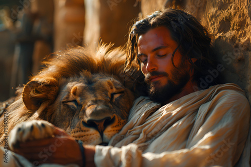 Jesus Christ is in the lion den, within a cave and snuggling with a lion