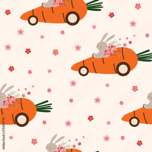 seamless pattern with bunny in carrot cars hand drawn vector illustration for decorate invitation greeting birthday party celebration wedding card poster banner textile wallpaper paper wrap background