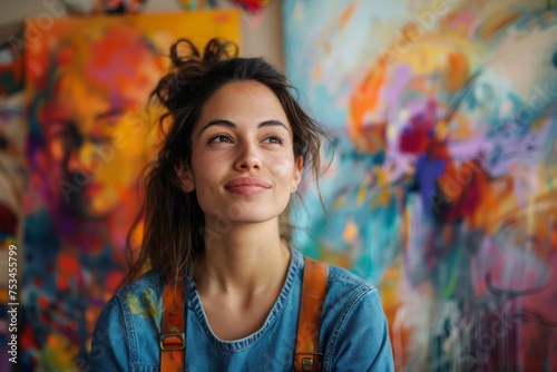 Creative artist in her colorful studio surrounded by vibrant paintings