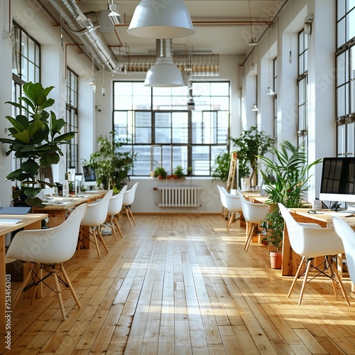 very modern bright office with green plants 