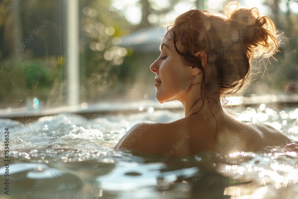 Serene woman enjoying hydrotherapy in a sunlit spa pool
