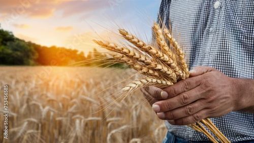 wheat held by a farmer with a field in the background photo