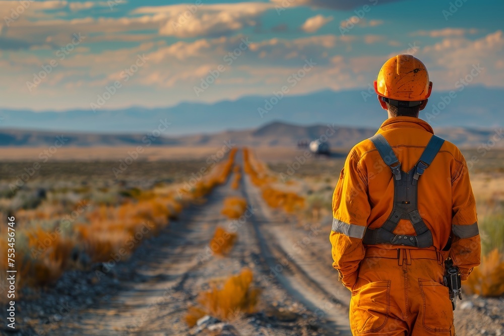 Oil industry worker in reflective gear surveying a desert landscape