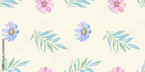 Seamless floral design with flowers and leaves for background  abstract endless pattern. Watercolor illustration and digital drawing of leaves on branches