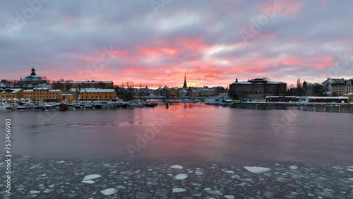Winter Sunset in Stockholm: Flying over Icy Ladugårdsviken photo