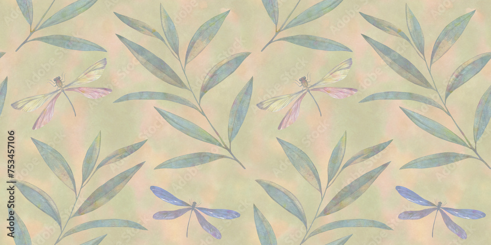 abstract background for design of wallpaper, print and packaging, endless ornament of butterflies and dragonflies and leaves, seamless botanical pattern drawn in watercolors by hand. abstract background for design of wallpaper, print and packaging, endless ornament of butterflies and dragonflies and leaves, seamless botanical pattern drawn in watercolors by hand.