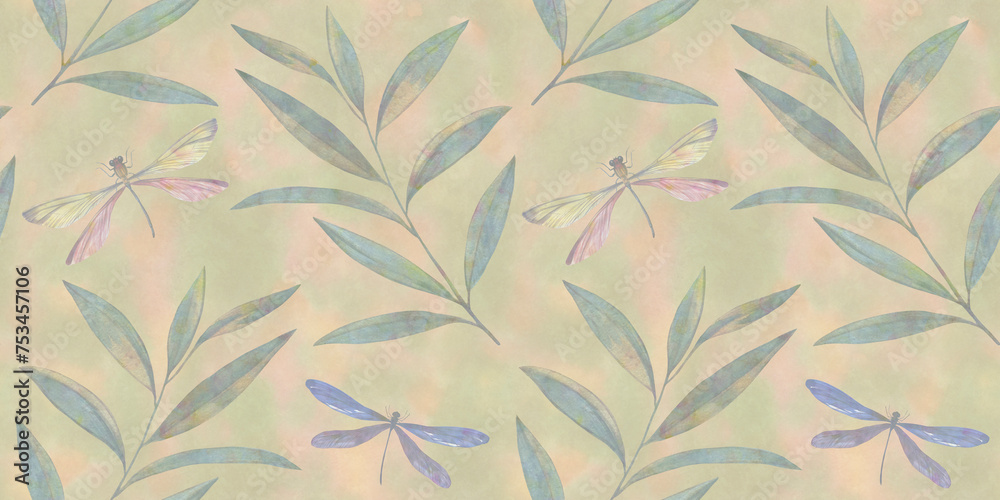 abstract background for design of wallpaper, print and packaging, endless ornament of butterflies and dragonflies and leaves, seamless botanical pattern drawn in watercolors by hand.