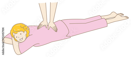 うつ伏せに寝てマッサージを受けているマッサージ着姿の可愛い女性 シンプル イラスト ベクター