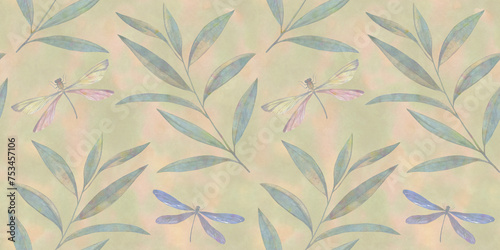 abstract background for design of wallpaper  print and packaging  endless ornament of butterflies and dragonflies and leaves  seamless botanical pattern drawn in watercolors by hand.