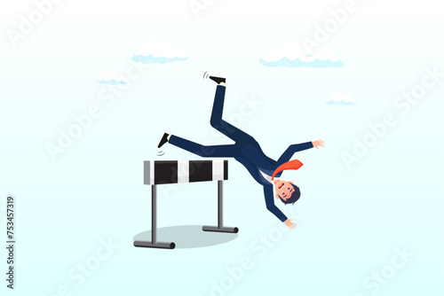 Frustrated businessman loser fail to jump over hurdle and falling to the ground, business failure, mistake or cannot overcome difficulty or obstacle, problem or underperform employee (Vector)