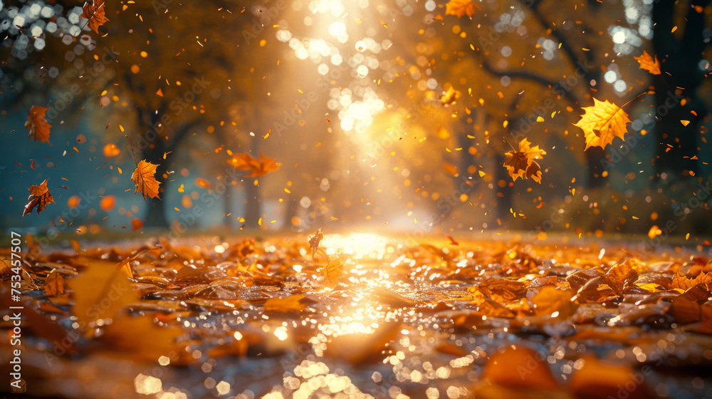 Naklejka premium Golden autumn scene in a park, with falling leaves, the sun shining through the trees and blue sky.