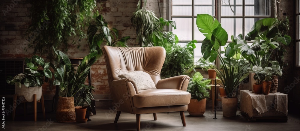 Modern loft living room with plywood and wood accents retro beige leather armchair and lush green plants in pots near window Mock up interior photo in urban jungle style