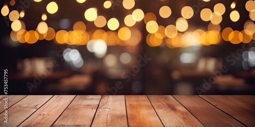 Blurry background of a wooden table in a restaurant, with bokeh lights. Mockup banner template for showcasing products. Suitable for food business presentations or as a desktop backdrop.