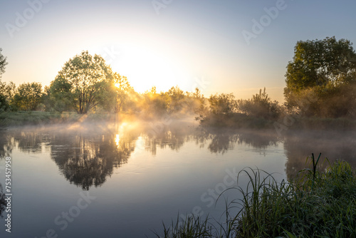 Sun rays shining through the crown of trees, early morning over the river, rising sun, foggy morning