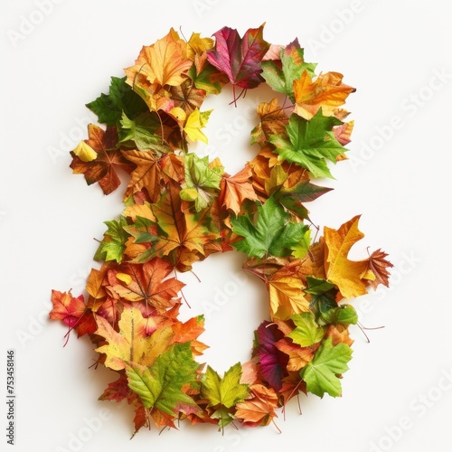 Autumnal Number eight - Vibrant Fall Leaves Shaped into the Number 8 Isolated on White 