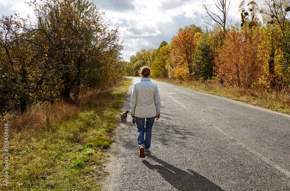 Fototapeta premium Owner walking with a dog on nature. Friendship of a dog and a woman