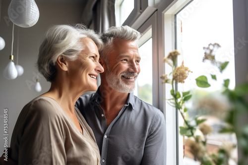 Dreamy middle aged senior loving retired family couple looking in distance, planning common future or recollecting memories, enjoying peaceful moment relaxing together by the window in living room