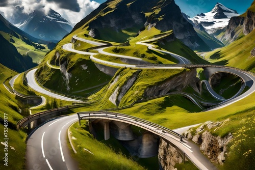 Panoramic Image of Grossglockner Alpine Road. Curvy Winding Road in Alps.