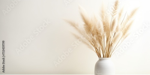 Pampas grass in vase, white background. Decoration element for design purposes. Dried, fluffy gray-beige plant.